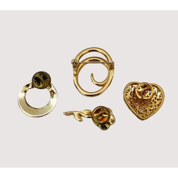 Set of 4 Fashion Pins Heart Circles Floral Brooch Pin Back Gold Tone - Picture 5 of 9